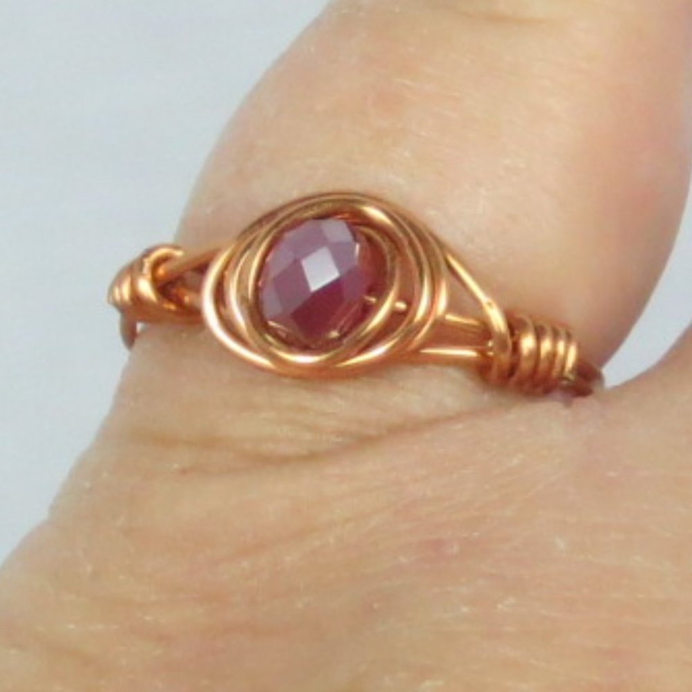 Handcrafted Ring Ruby Red Colored Crystal Real Copper Wire Wrap Everyday Size 9